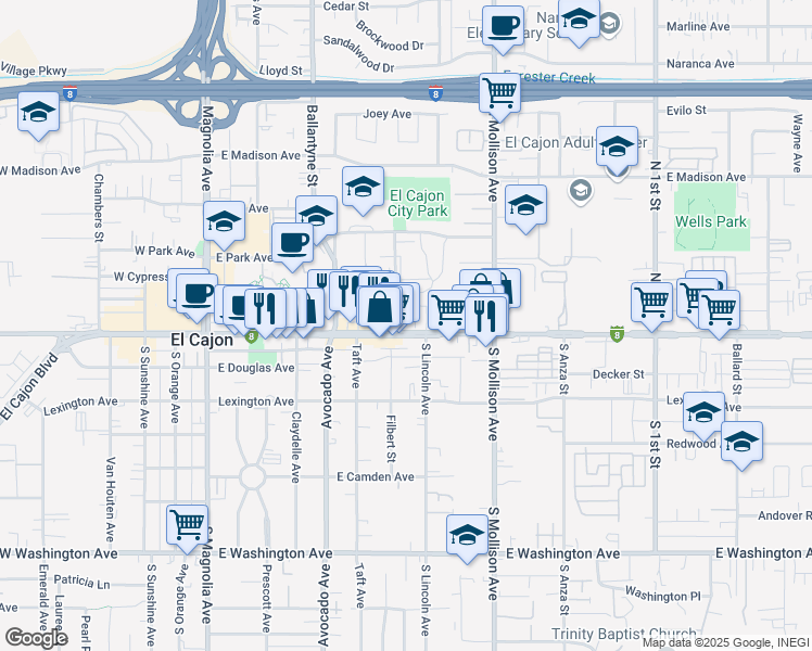 map of restaurants, bars, coffee shops, grocery stores, and more near 575 East Main Street in El Cajon