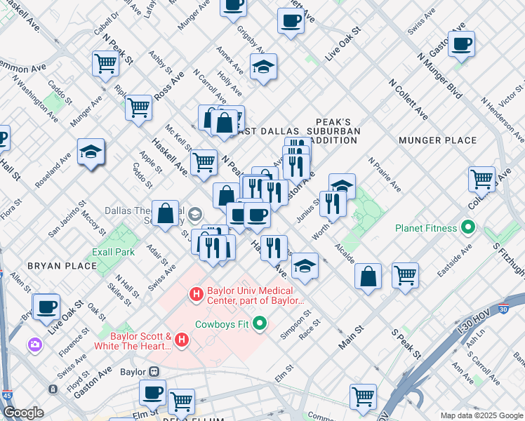 map of restaurants, bars, coffee shops, grocery stores, and more near 4130 Gaston Avenue in Dallas
