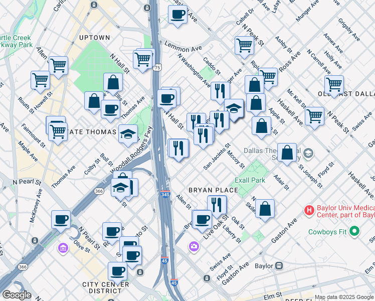 map of restaurants, bars, coffee shops, grocery stores, and more near 1707 North Hall Street in Dallas