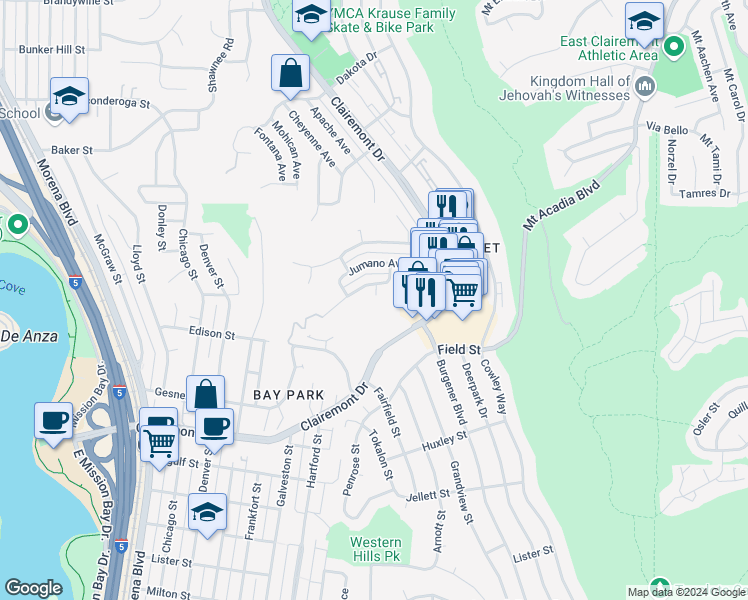 map of restaurants, bars, coffee shops, grocery stores, and more near 3004 Lackawanna Way in San Diego