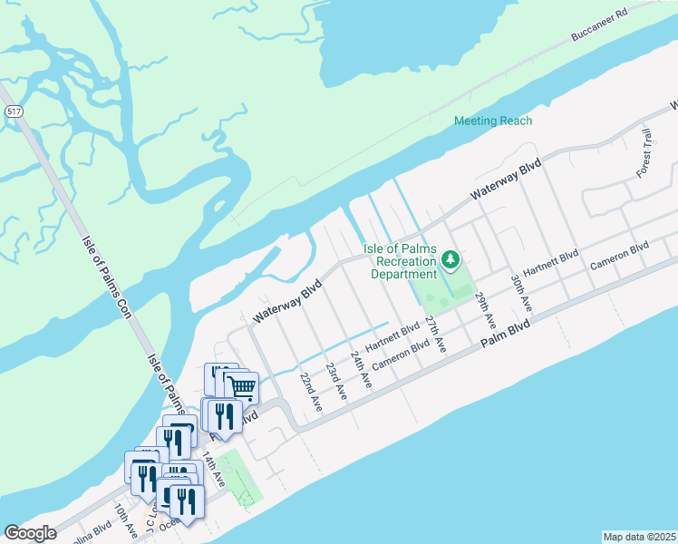 map of restaurants, bars, coffee shops, grocery stores, and more near 37 25th Avenue in Isle of Palms