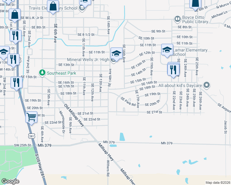 map of restaurants, bars, coffee shops, grocery stores, and more near 1515 Southeast 16th Street in Mineral Wells