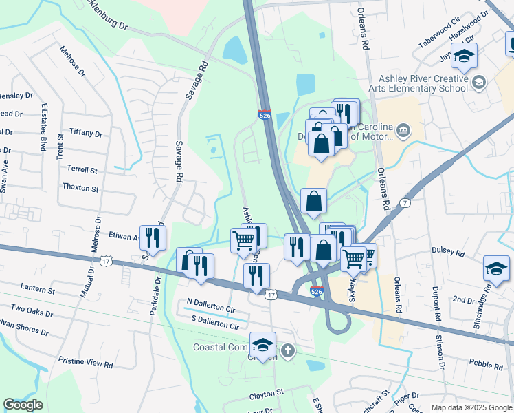 map of restaurants, bars, coffee shops, grocery stores, and more near 3050 Ashley Town Center Drive in Charleston