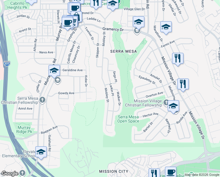 map of restaurants, bars, coffee shops, grocery stores, and more near 2866 Larkin Place in San Diego