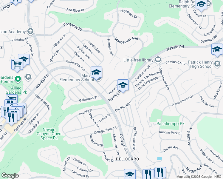 map of restaurants, bars, coffee shops, grocery stores, and more near 7148 Horner Street in San Diego