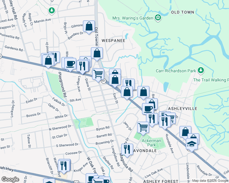 map of restaurants, bars, coffee shops, grocery stores, and more near 1114 Mazyck Street in Charleston