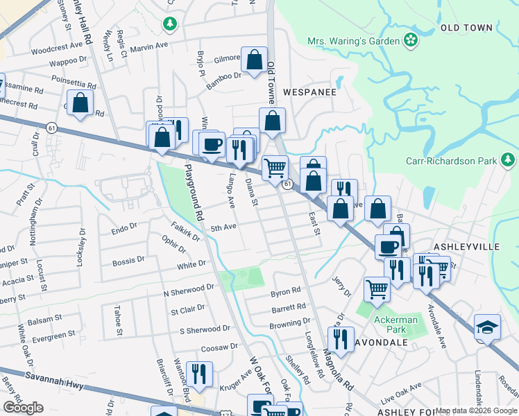 map of restaurants, bars, coffee shops, grocery stores, and more near 1017 Diana Street in Charleston
