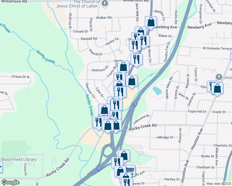 map of restaurants, bars, coffee shops, grocery stores, and more near 3867 Rice Mill Road in Macon