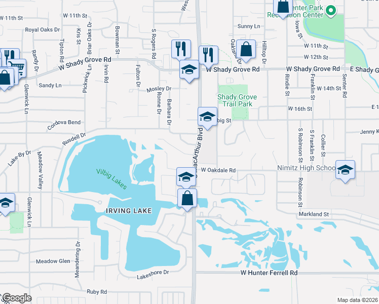 map of restaurants, bars, coffee shops, grocery stores, and more near 1109 Mayleaf Drive in Irving