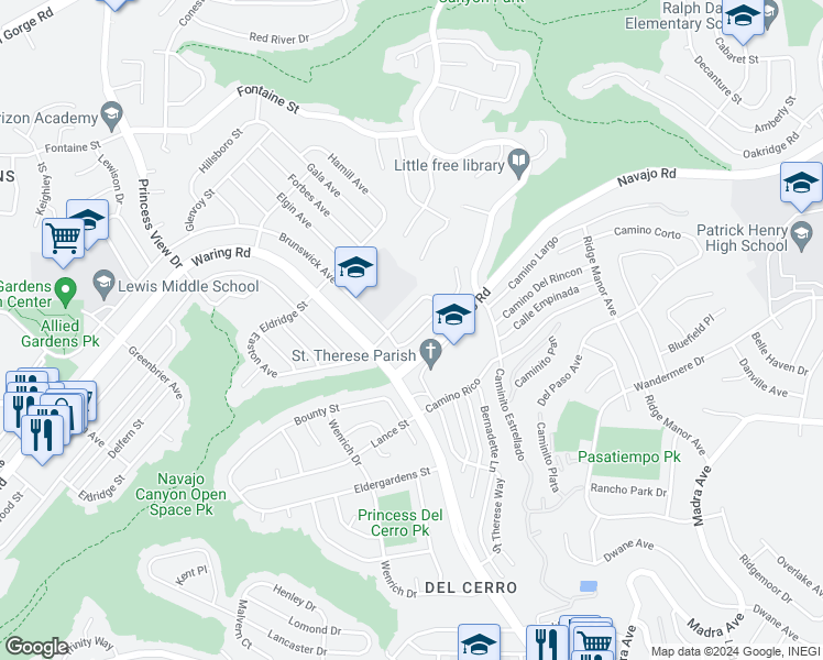 map of restaurants, bars, coffee shops, grocery stores, and more near 7148 Horner Street in San Diego