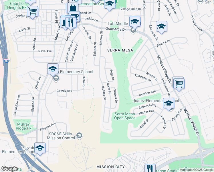 map of restaurants, bars, coffee shops, grocery stores, and more near 2866 Larkin Place in San Diego