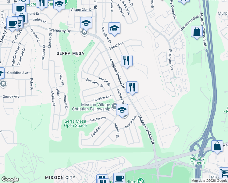 map of restaurants, bars, coffee shops, grocery stores, and more near 2802 Melbourne Drive in San Diego