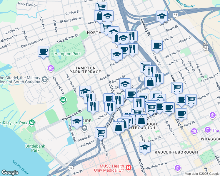 map of restaurants, bars, coffee shops, grocery stores, and more near in Charleston