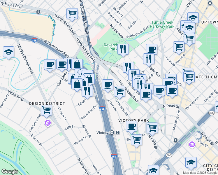 map of restaurants, bars, coffee shops, grocery stores, and more near 3100 Santiago Plaza in Dallas