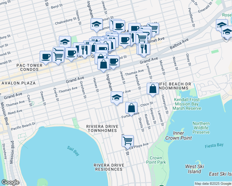 map of restaurants, bars, coffee shops, grocery stores, and more near 1649 Reed Avenue in San Diego