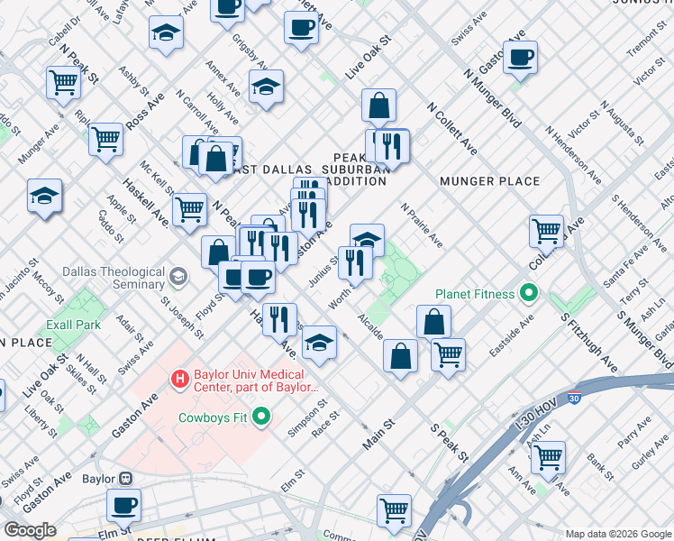 map of restaurants, bars, coffee shops, grocery stores, and more near in Dallas