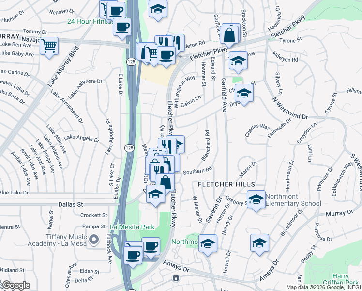 map of restaurants, bars, coffee shops, grocery stores, and more near 2676 Ferdinand Road in El Cajon