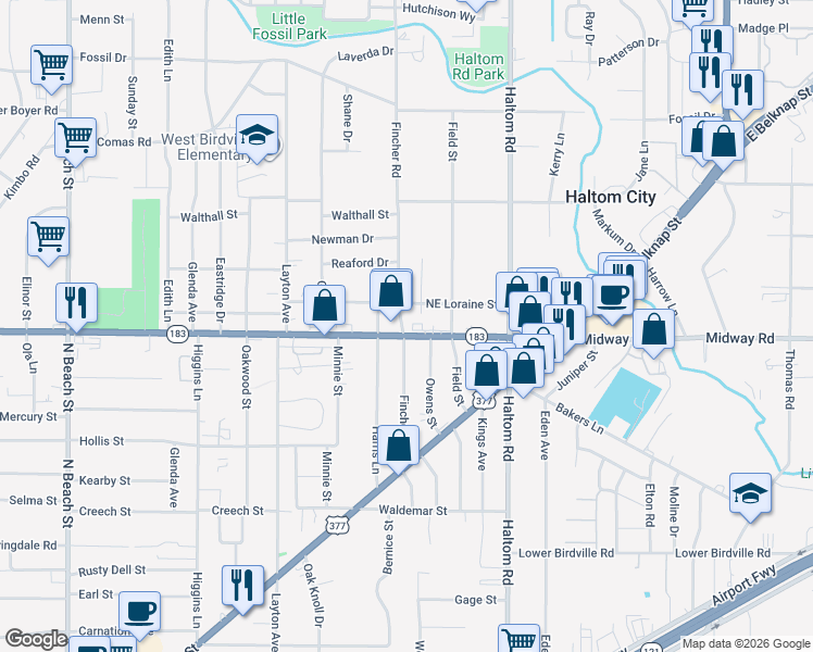 map of restaurants, bars, coffee shops, grocery stores, and more near 4914 Northeast Loraine Street in Haltom City