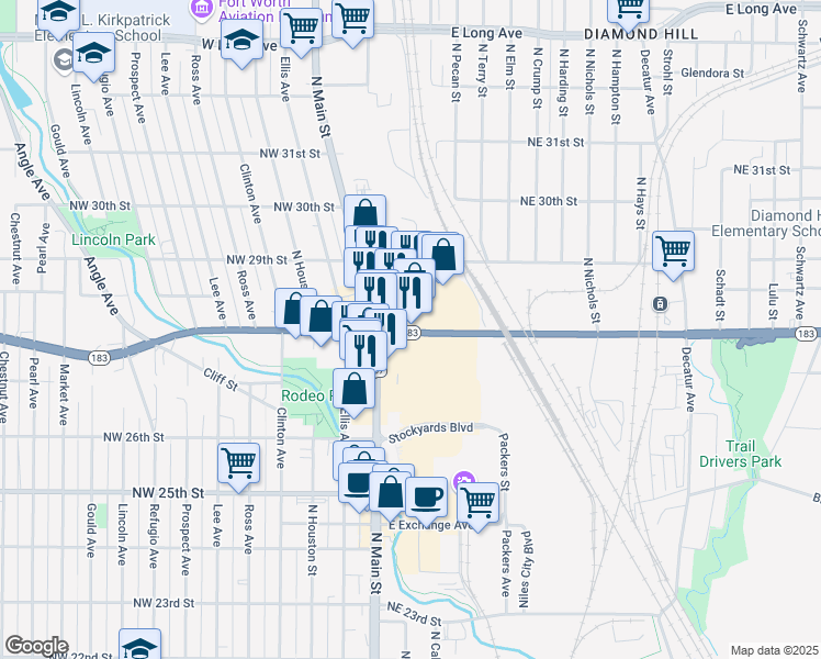 map of restaurants, bars, coffee shops, grocery stores, and more near 200 Northeast 28th Street in Fort Worth