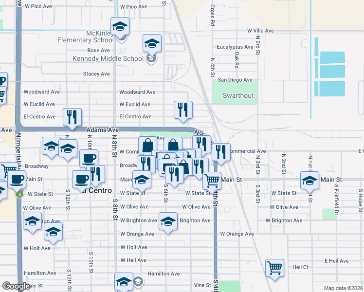 map of restaurants, bars, coffee shops, grocery stores, and more near in El Centro