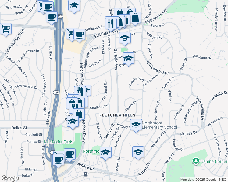 map of restaurants, bars, coffee shops, grocery stores, and more near 185 Garfield Avenue in El Cajon