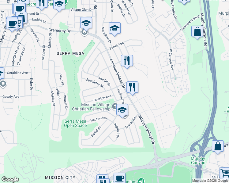 map of restaurants, bars, coffee shops, grocery stores, and more near 2802 Melbourne Drive in San Diego