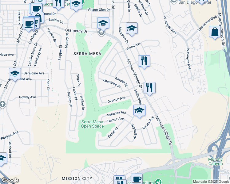 map of restaurants, bars, coffee shops, grocery stores, and more near 9240 Huntington Avenue in San Diego