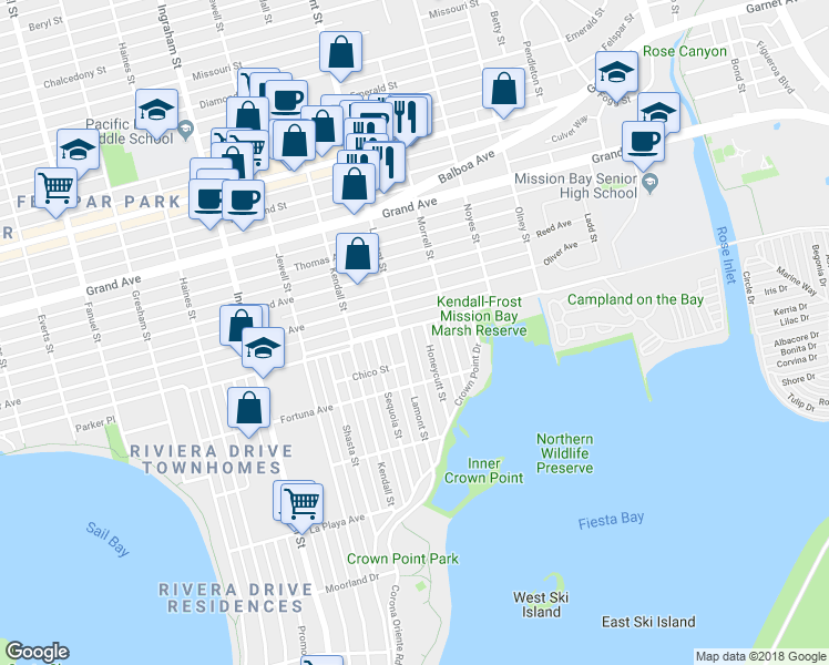 map of restaurants, bars, coffee shops, grocery stores, and more near 1958 Pacific Beach Drive in San Diego
