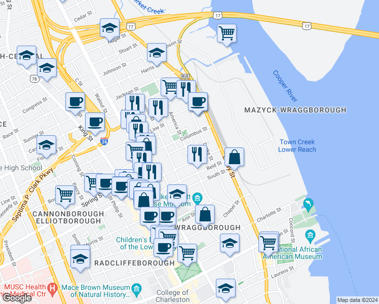 map of restaurants, bars, coffee shops, grocery stores, and more near 63 Columbus Street in Charleston