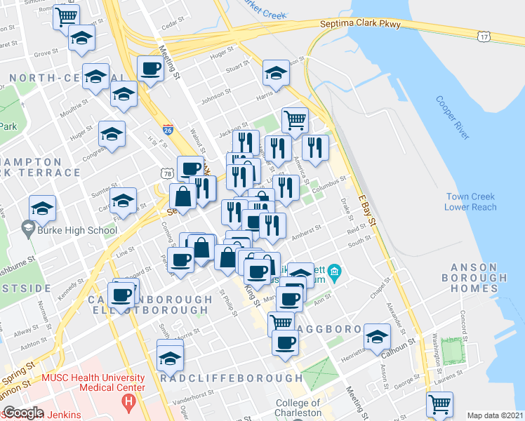 map of restaurants, bars, coffee shops, grocery stores, and more near 472 Meeting Street in Charleston