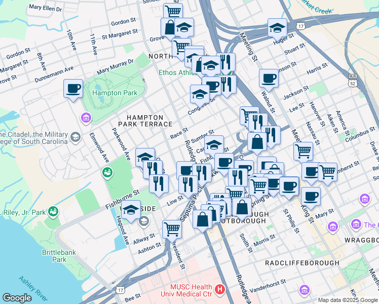 map of restaurants, bars, coffee shops, grocery stores, and more near in Charleston