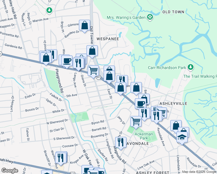 map of restaurants, bars, coffee shops, grocery stores, and more near 1114 Mazyck Street in Charleston
