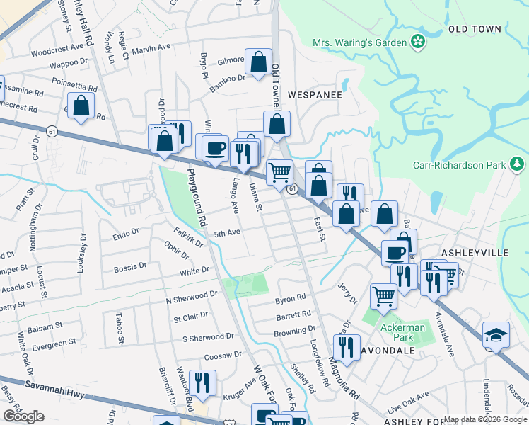 map of restaurants, bars, coffee shops, grocery stores, and more near 1017 Diana Street in Charleston