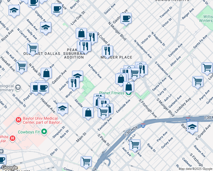 map of restaurants, bars, coffee shops, grocery stores, and more near 326 North Prairie Avenue in Dallas