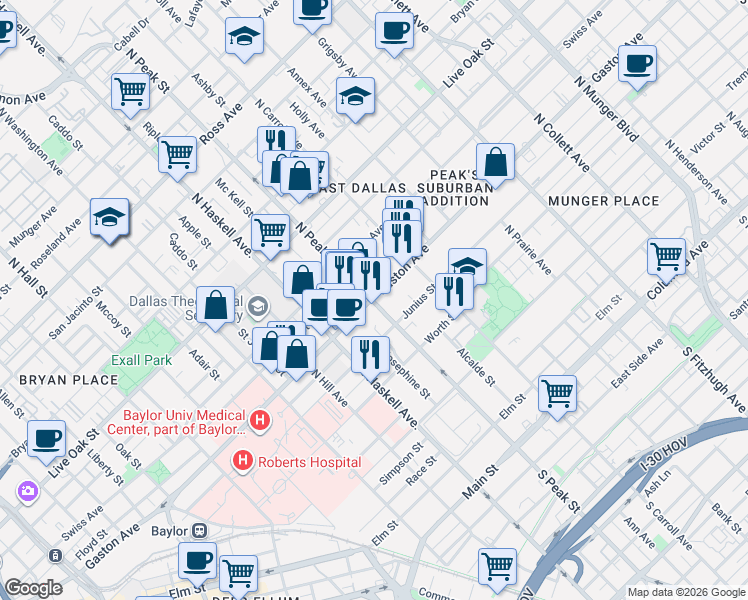map of restaurants, bars, coffee shops, grocery stores, and more near 918 North Peak Street in Dallas