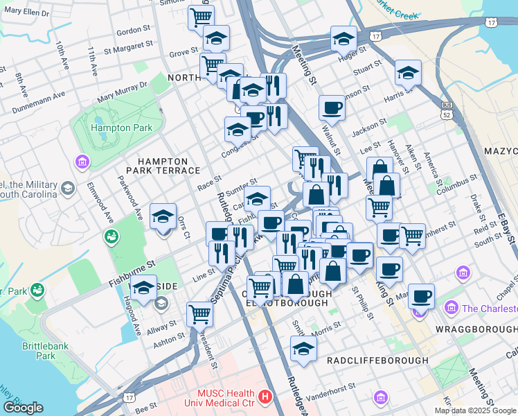 map of restaurants, bars, coffee shops, grocery stores, and more near 27 Carolina Street in Charleston
