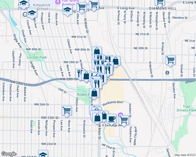 map of restaurants, bars, coffee shops, grocery stores, and more near 2846-2898 Ellis Avenue in Fort Worth
