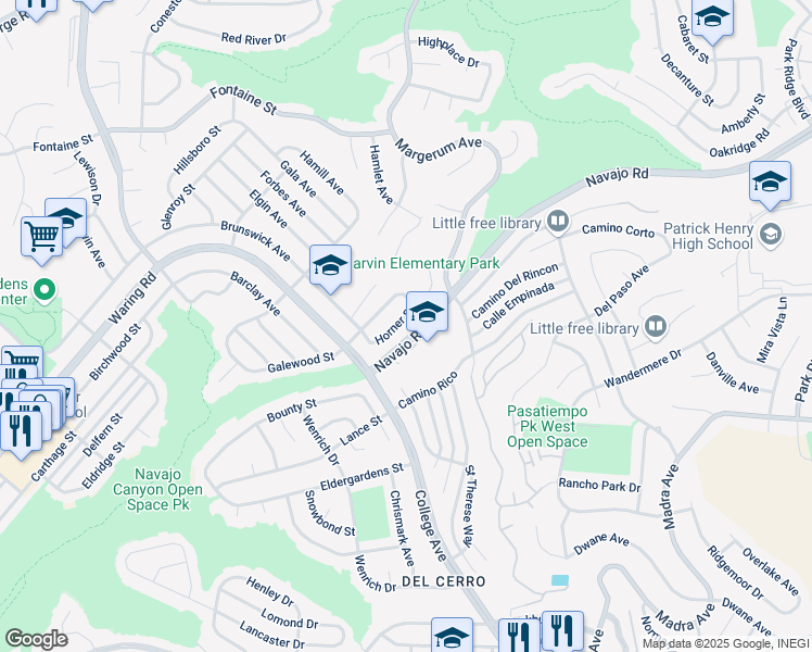 map of restaurants, bars, coffee shops, grocery stores, and more near 7195 Horner Street in San Diego