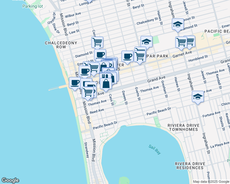 map of restaurants, bars, coffee shops, grocery stores, and more near 1036 Grand Avenue in San Diego