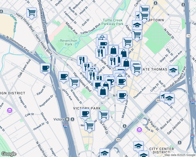 map of restaurants, bars, coffee shops, grocery stores, and more near 2900 McKinnon Street in Dallas