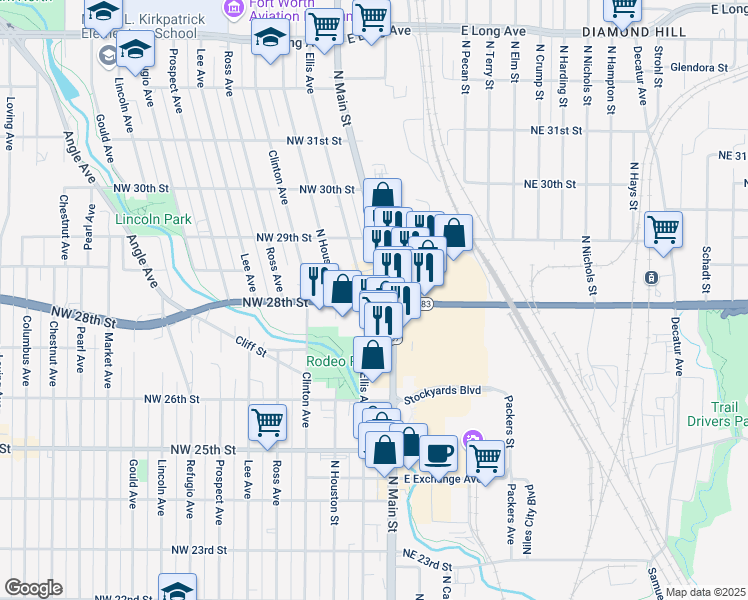 map of restaurants, bars, coffee shops, grocery stores, and more near 2846 Ellis Avenue in Fort Worth