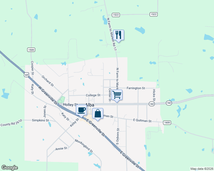 map of restaurants, bars, coffee shops, grocery stores, and more near 199 Higginbotham in Alba