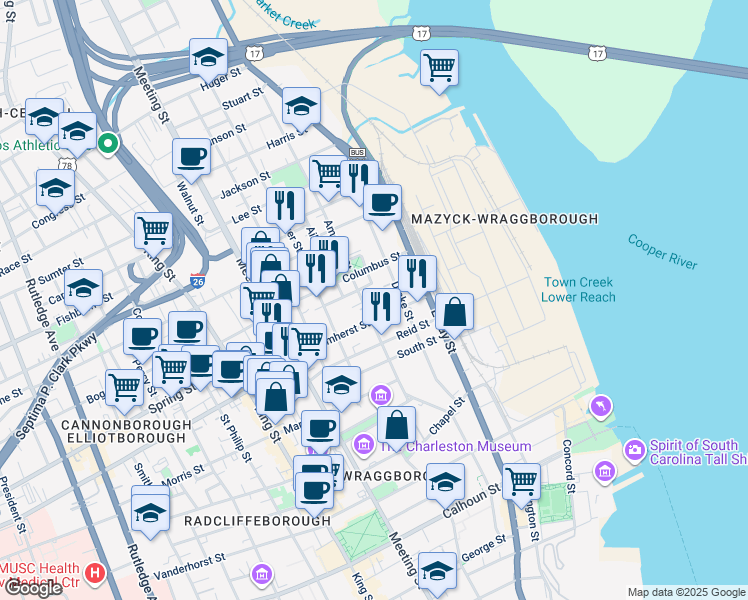 map of restaurants, bars, coffee shops, grocery stores, and more near 5 East Hampstead Square in Charleston