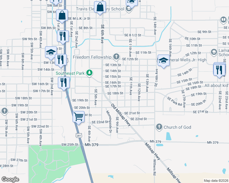 map of restaurants, bars, coffee shops, grocery stores, and more near 912 Southeast 17th Street in Mineral Wells
