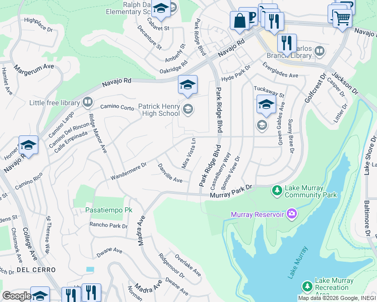 map of restaurants, bars, coffee shops, grocery stores, and more near 6508 Mira Vista Lane in San Diego