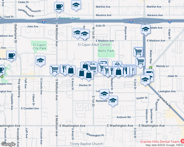 map of restaurants, bars, coffee shops, grocery stores, and more near 171 North 1st Street in El Cajon