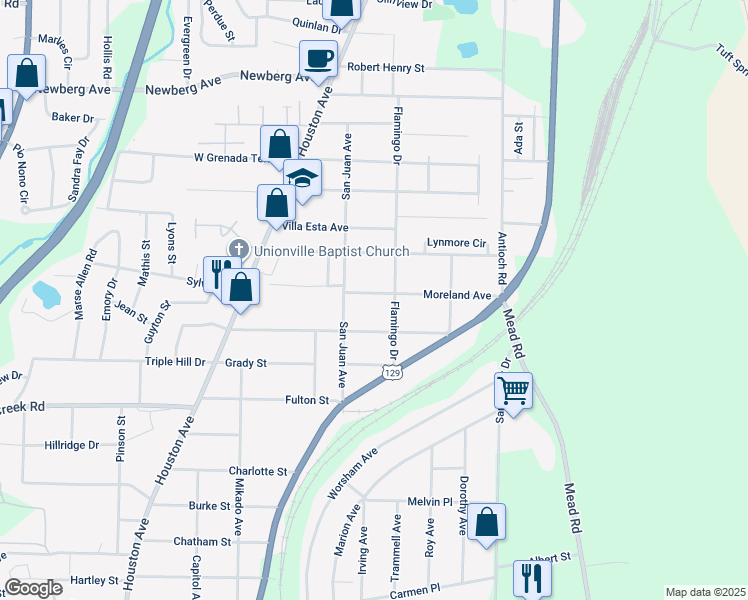 map of restaurants, bars, coffee shops, grocery stores, and more near 648 Moreland Avenue in Macon