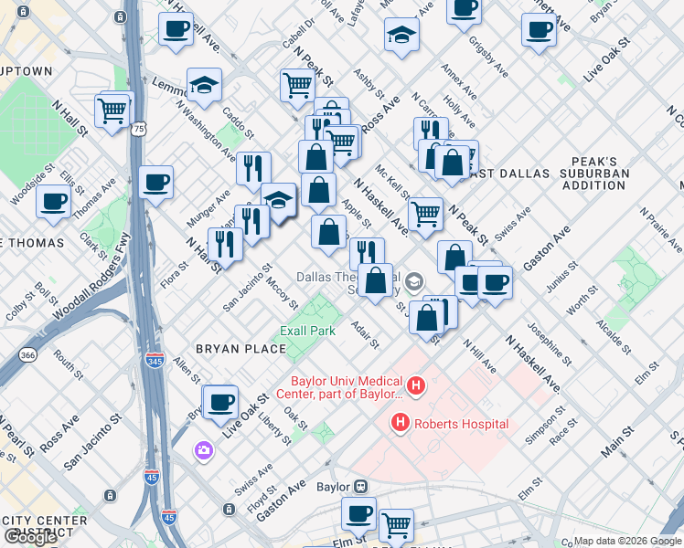 map of restaurants, bars, coffee shops, grocery stores, and more near 3801 Bryan Street in Dallas
