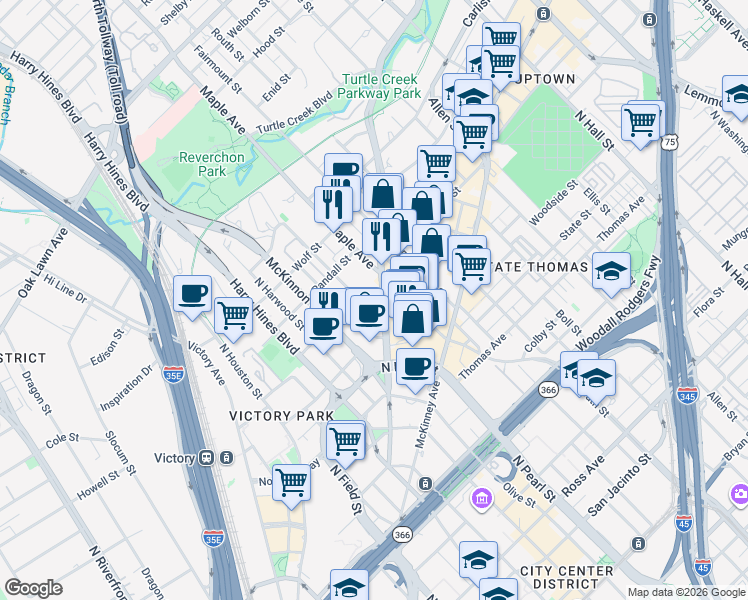 map of restaurants, bars, coffee shops, grocery stores, and more near 2305 Cedar Springs Road in Dallas