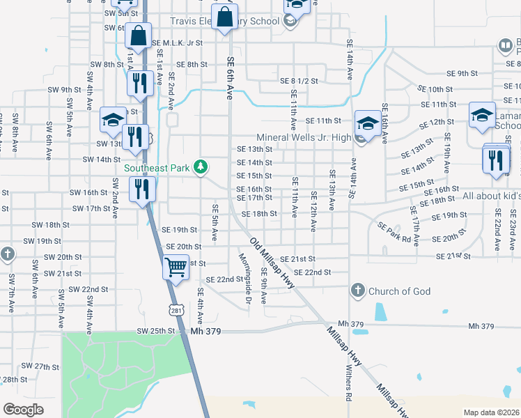 map of restaurants, bars, coffee shops, grocery stores, and more near 912 Southeast 17th Street in Mineral Wells